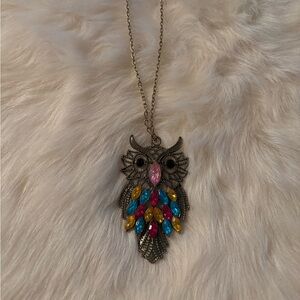Vintage Large Owl Pendant Necklace Articulated Multi Color Rhinestone Accents
